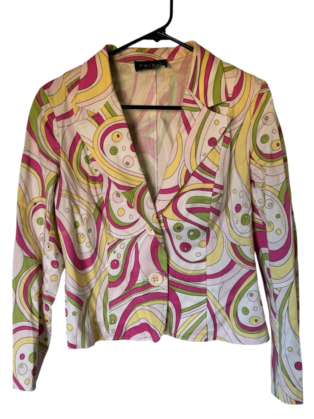 TRIBU High End Pink, Green & Yellow Printed Notch Lapel Blazer Women’s 10 MINTY
